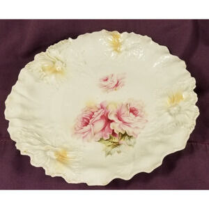 Antique RS Prussia Textured Plate with Pink Rose 8.5" Gilded Age/Cottage Core